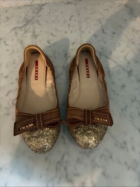Prada Brown Leather Ballet Flats with Gold Glitter Toe and Bow